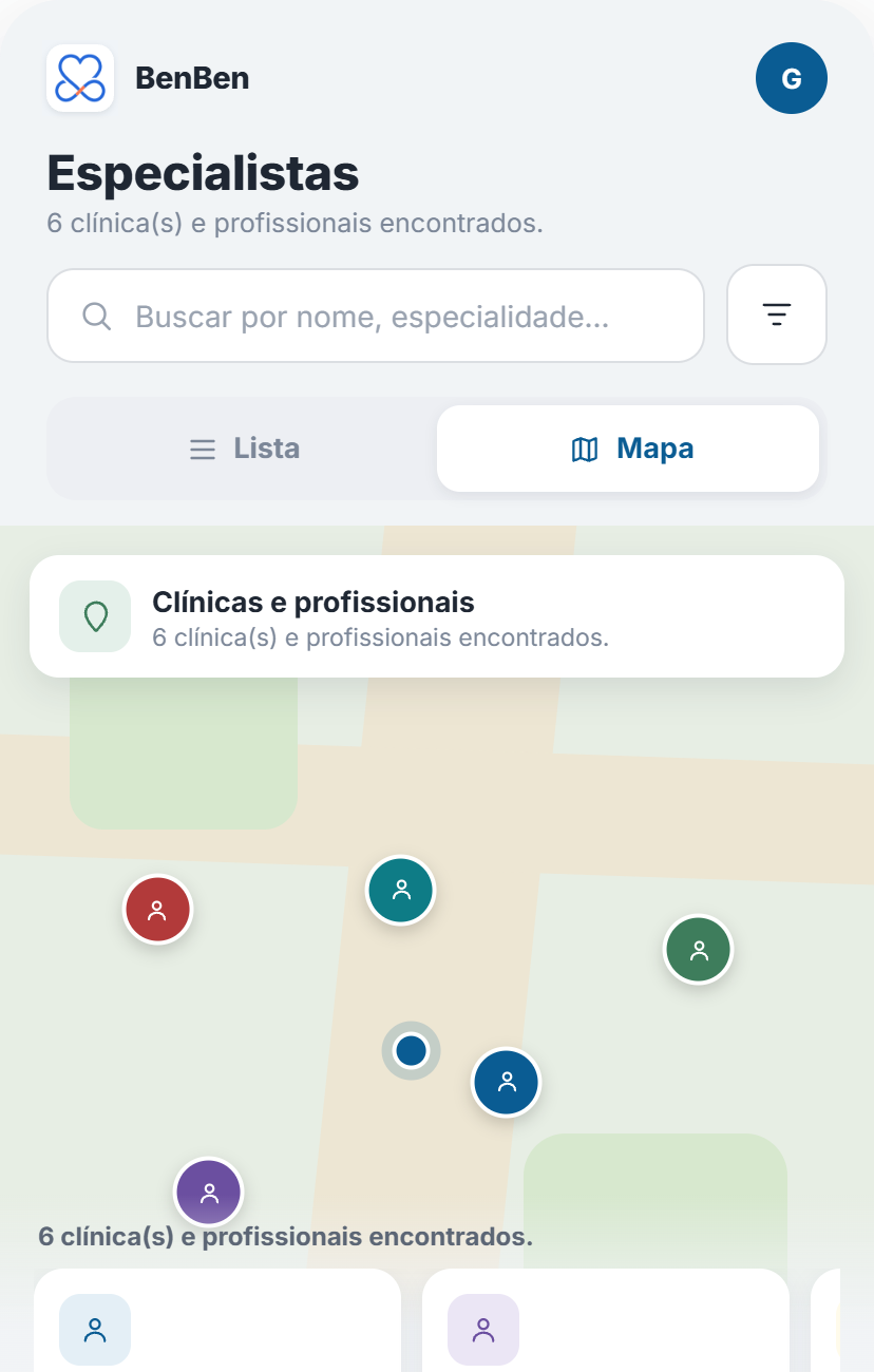 Mapa de especialistas no app BenBen